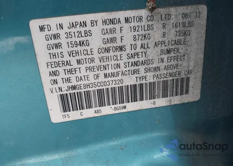 2012 Honda Fit z USA, uszkodzony, nr VIN JHMGE8H35CC037320